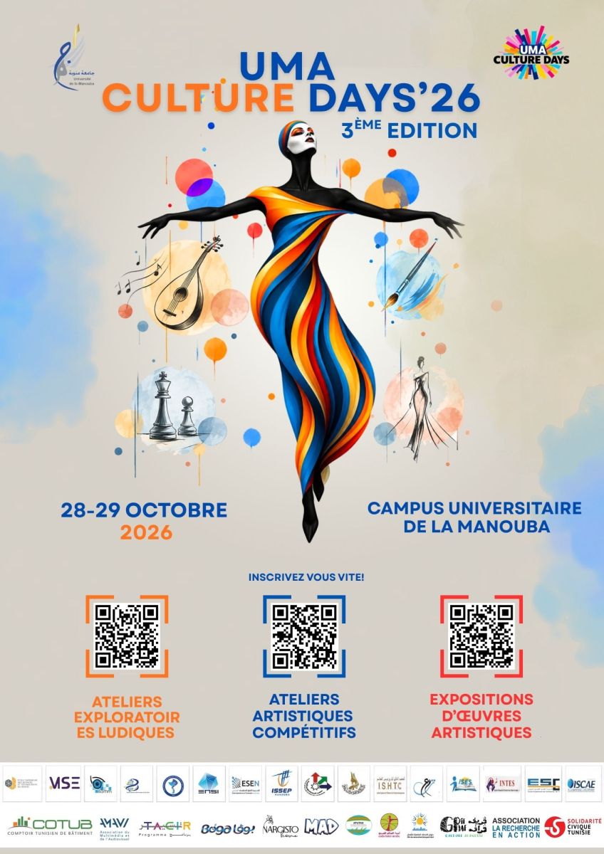 Affiche UMA Culture Days 2026 – 3ème édition, 28-29 octobre 2026, Campus universitaire de la Manouba